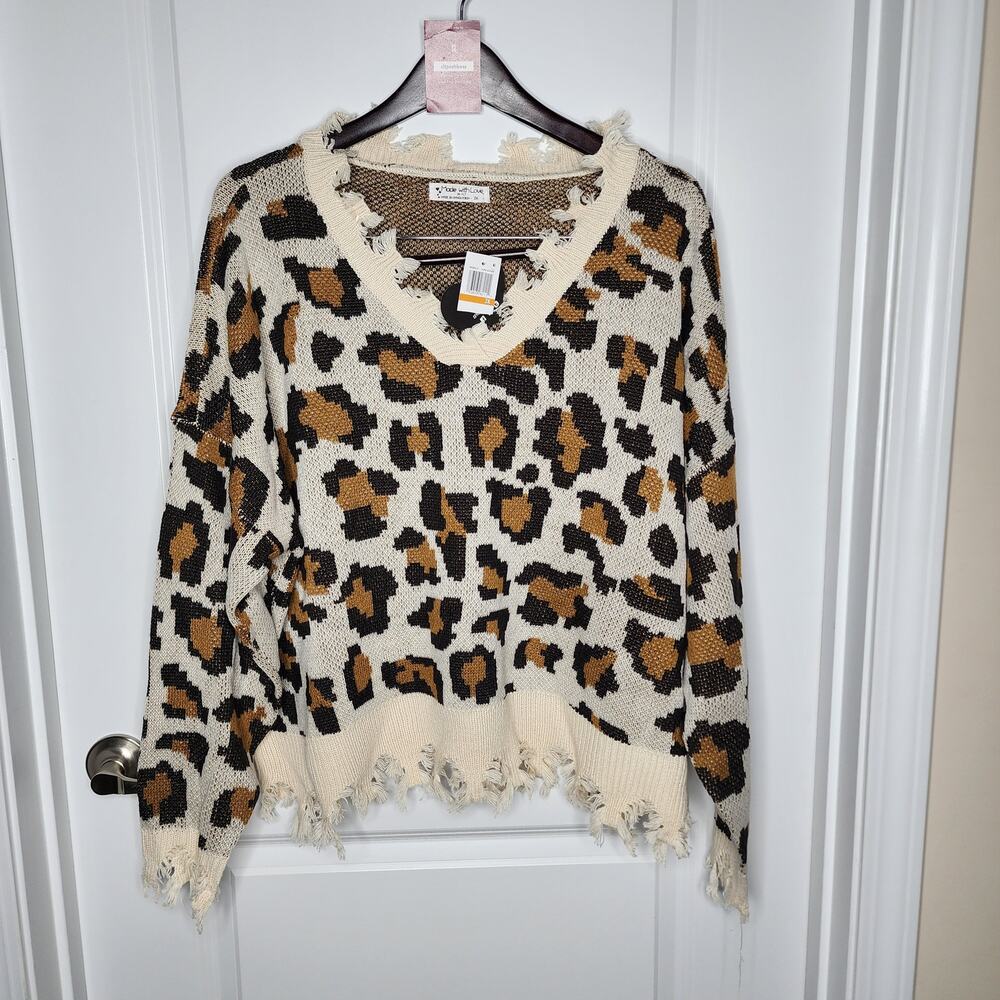 Made with Love Womens Leopard Raw Hem Distressed Sweater Plus 3X X4F0381S NWT